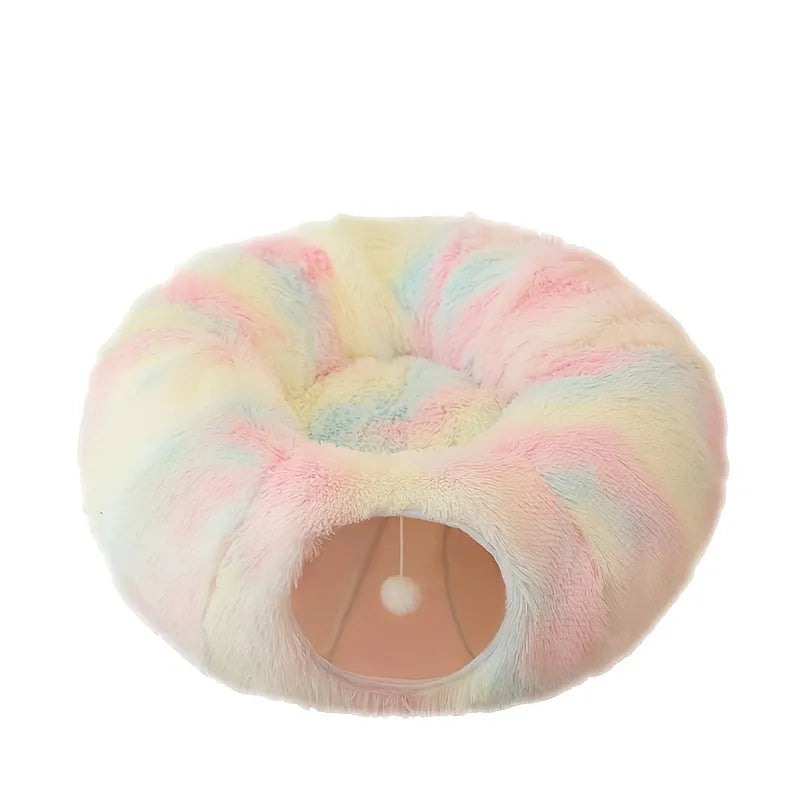 Foldable Cat Tunnel Round Plush Warm Kennel - 2-in-1 Cozy Hideaway