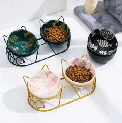 Tall Ceramic Double Cat Bowl - Stylish Elevated Feeding Solution