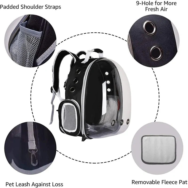 Side view of the pet backpack with adjustable straps, storage pocket, and mesh ventilation