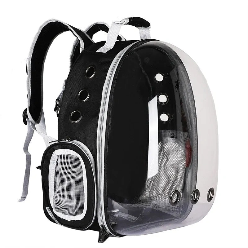 Black pet backpack carrier with clear bubble window, modeled on a person’s back