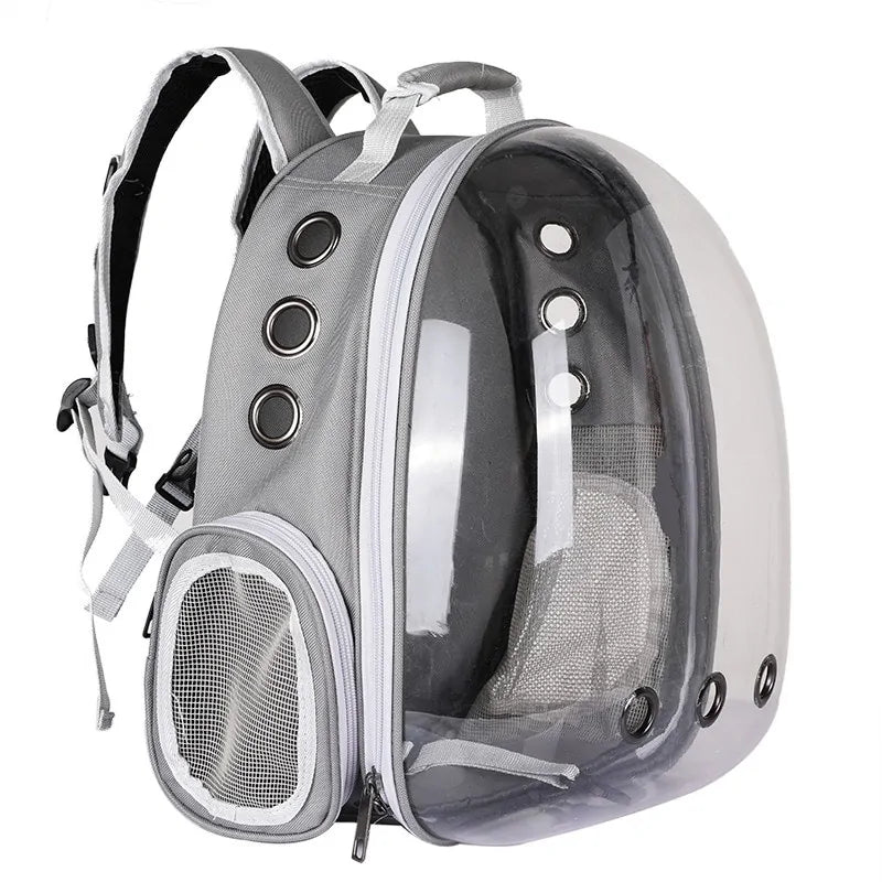 Gray bubble pet carrier backpack with mesh ventilation and ergonomic straps
