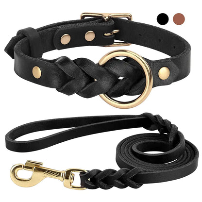 Dog Collar and Leash Set - Leather Elegance for Medium and Large Dogs