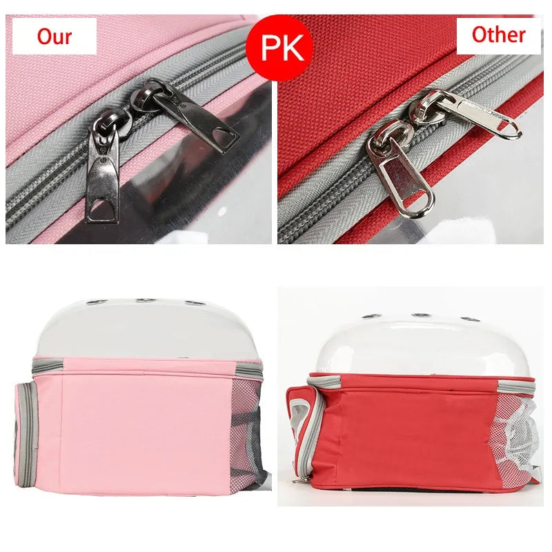 Comparison image showing the bubble backpack carrier next to a standard pet carrier