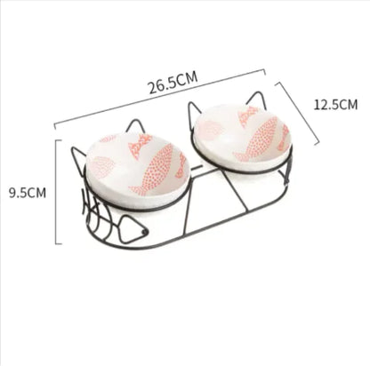 Tall Ceramic Double Cat Bowl - Stylish Elevated Feeding Solution