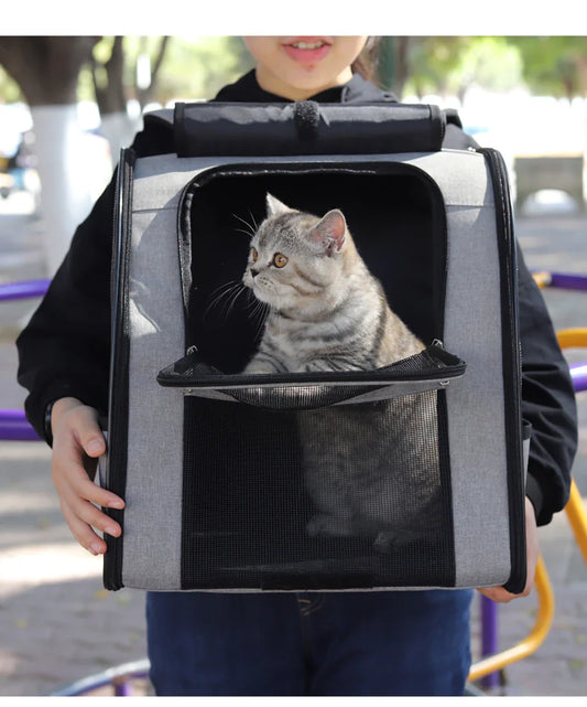 Gray and purple waterproof pet carrier with mesh ventilation, held by a person