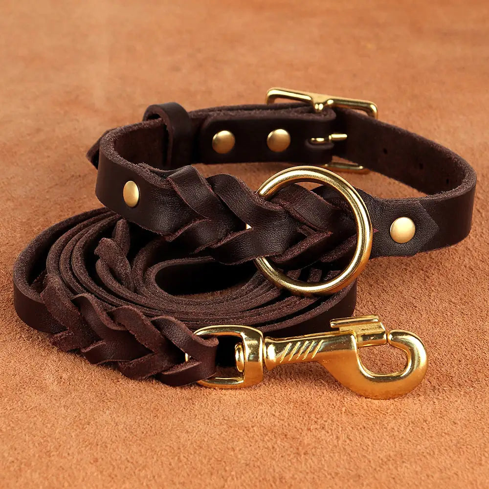 Dog Collar and Leash Set - Leather Elegance for Medium and Large Dogs
