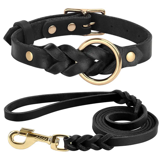 Dog Collar and Leash Set - Leather Elegance for Medium and Large Dogs