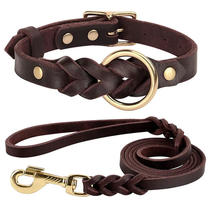 Dog Collar and Leash Set - Leather Elegance for Medium and Large Dogs