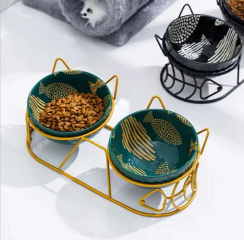 Tall Ceramic Double Cat Bowl - Stylish Elevated Feeding Solution