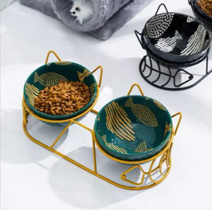 Tall Ceramic Double Cat Bowl - Stylish Elevated Feeding Solution