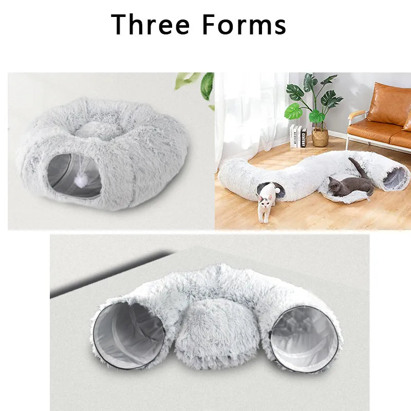 Foldable Cat Tunnel Round Plush Warm Kennel - 2-in-1 Cozy Hideaway
