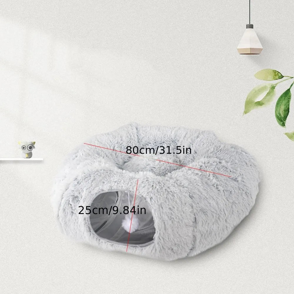 Foldable Cat Tunnel Round Plush Warm Kennel - 2-in-1 Cozy Hideaway
