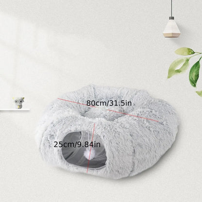 Foldable Cat Tunnel Round Plush Warm Kennel - 2-in-1 Cozy Hideaway